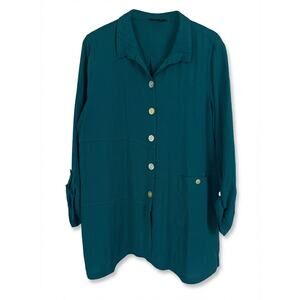 John Mark Womens L Artsy Wire Neck Roll Tab Sleeve Career Office Tunic Shirt Top